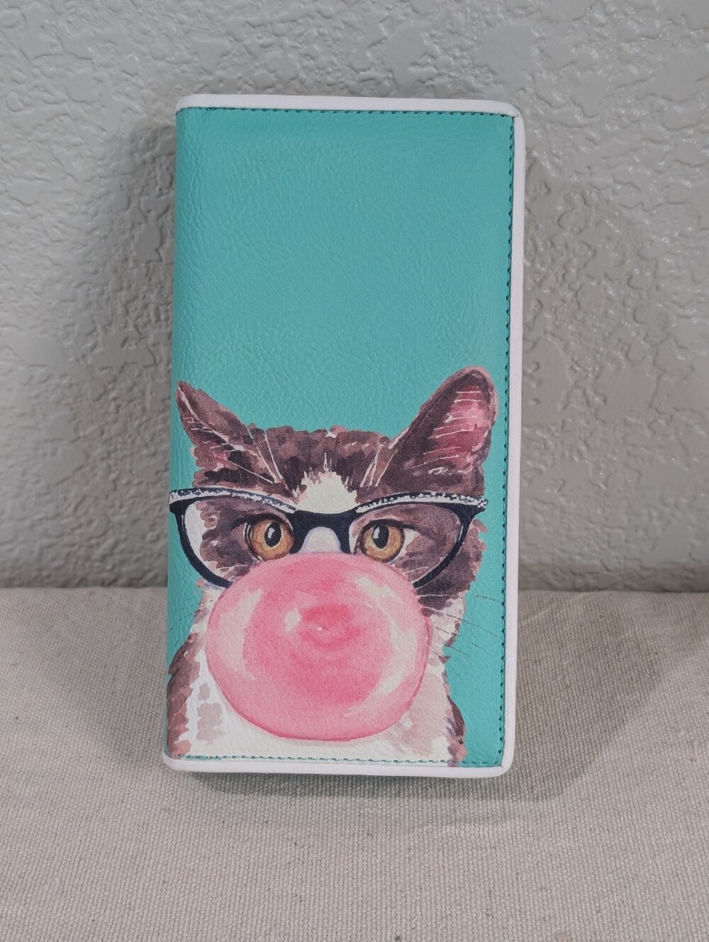 Ashley M Artist Series wallet clutch cat blowing bubblegum mint green novelty